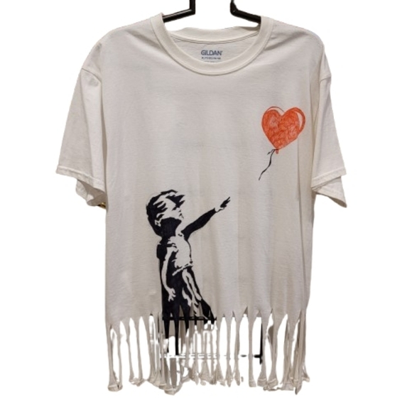 Gildan Bansky Art Girl With Ballon Fringe Short Sleeve Tee Black Red XL - Picture 2 of 10